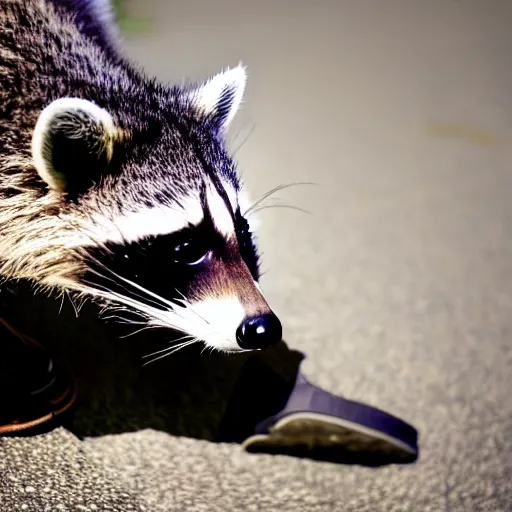 Image similar to a cute raccoon and a white sneaker shoe with its laces undone, highly detailed, hyperrealistic, award winning, national geographic wildlife photo, bokeh, soft lighting