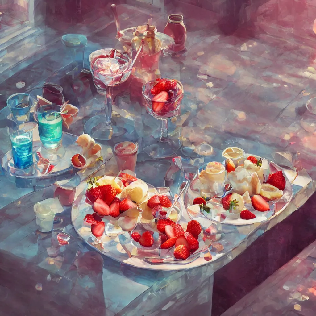 Prompt: a still life painting of cold drinks, ice cream, strawberry embellishment, in the style of makoto shinkai, dreamy, soft, global illumination, radiant light, intricate environment, luminescence, highly detailed, 8 k