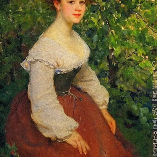 Prompt: portrait of a young woman outside in an orchard, painted by nikolay makovsky, detailed