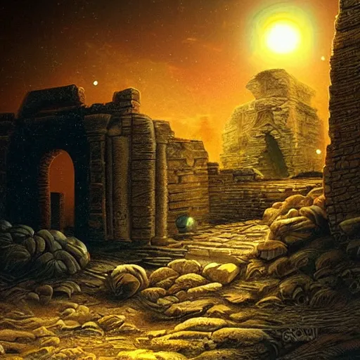 Image similar to ancient ruins in the moon, ufos in the sky, retrowave epic art, trending on art station