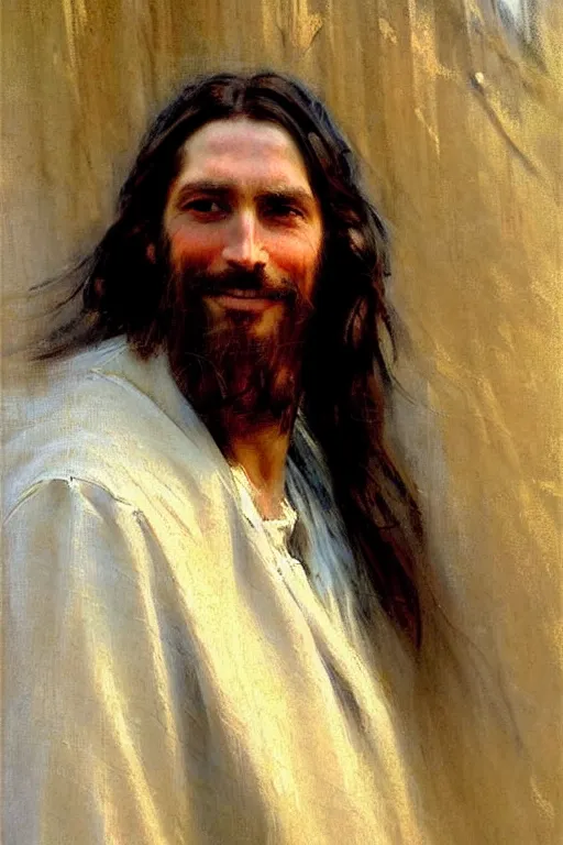 Image similar to impressionist brushstrokes!!!!!!!!! solomon joseph solomon and richard schmid and jeremy lipking victorian loose genre loose painting full length portrait painting of jesus with a slight smile happy inviting