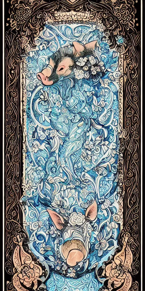 Image similar to Painted dark-wood panel relief carving of a Flowerpunk Piglet, White and pale blue toned, ornate border frame, explosion of colorful flowers, dark wood, intricately carved, black ink, festival of rich colors, intricate details, cinematic lighting, volumetric lighting, post-processing, art nouveau, tarot, fractal art, mandala, by andreas rocha and john howe, and Martin Johnson Heade, featured on artstation, featured on behance, golden ratio, hyper detailed, photorealistic, epic composition, center spotlight, f32, well composed, symmetrical, UE5, 8k