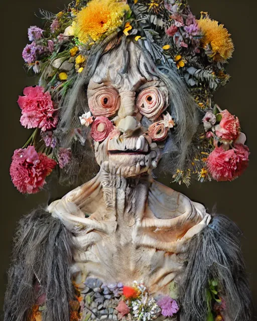 Prompt: a portrait of a fleshy old woman covered in flowers in the style of guiseppe arcimboldo and james jean, covered in wispy gray hair with a hint of neon, hd 3 d, highly detailed and intricate.