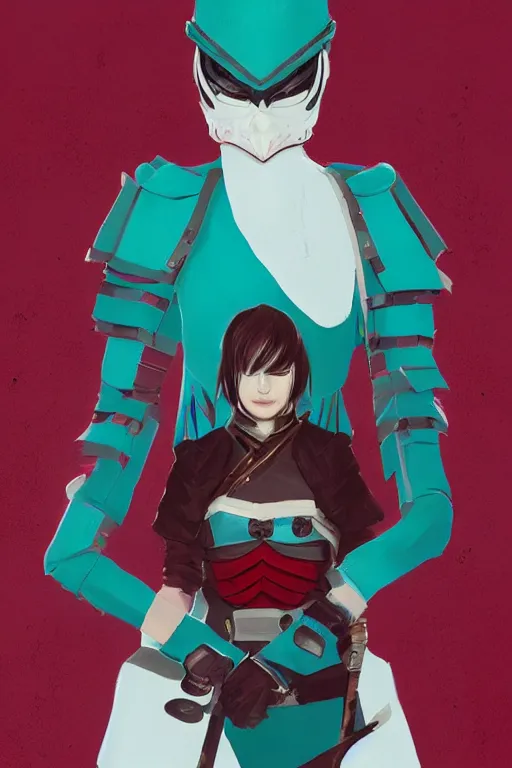 Image similar to female adventurer in tight full - body teal leather armor of japanese design with red accents and a white porcelain crow mask, trending in artstation, japanese, by wlop, establishing shot