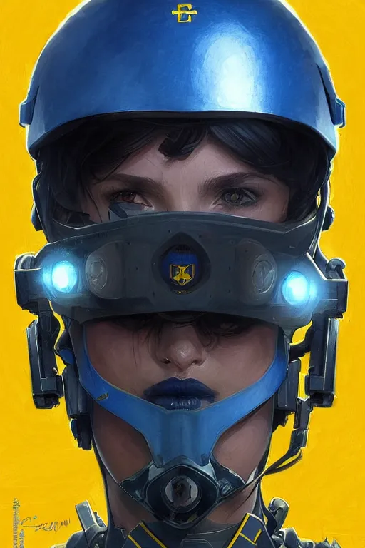 Image similar to a special forces unit soldier modern technology, blue and yellow shoulder patch, realistic portrait full body, symmetrical, highly detailed, digital painting, artstation, concept art, smooth, sharp focus, illustration, cinematic lighting, art by artgerm and greg rutkowski and alphonse mucha