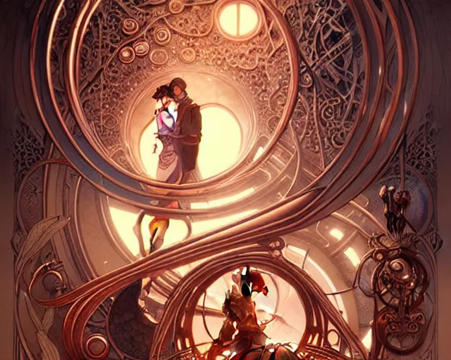 Image similar to Lovers with mechanical eyes, art nouveau, fantasy, intricate copper pipe designs, elegant, highly detailed, sharp focus, art by Artgerm and Greg Rutkowski and WLOP