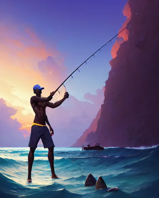 Image similar to a 3 0 - year old athletic and beautiful male jamaican, fisherman, modern clothing, magical fishing rod weapon, ocean background, unreal engine, fantasy art by greg rutkowski, loish, rhads, makoto shinkai and lois van baarle, ilya kuvshinov, rossdraws, tom bagshaw, global illumination, radiant light, detailed and intricate environment