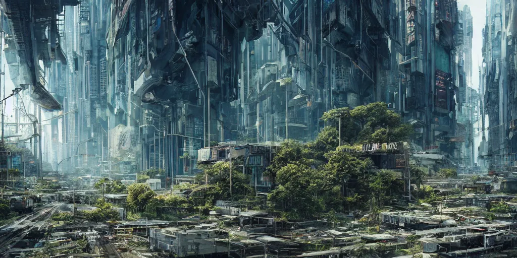 Image similar to beautiful nature reclaiming a dystopian city, cyberpunk, sharp focus, dynamic lights, still, photograph, hyper realistic, masterpiece, octane render, rendered, 3 d, cinematic, cinematic lighting, dramatic lighting, highly detailed, intricate details, texture, cinematic composition, wide shot, by donglu yu and kevin jick and eddie del rio