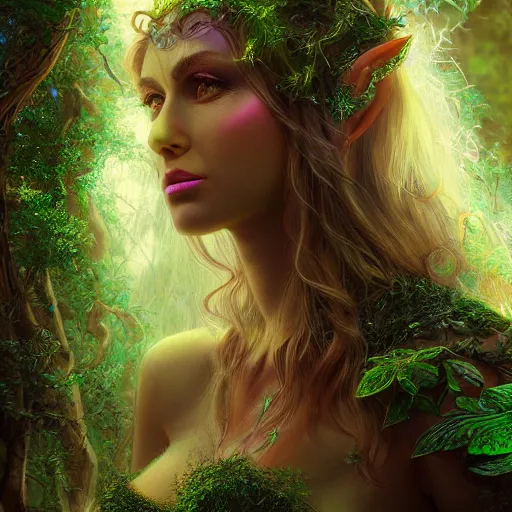 Prompt: Photorealistic elven goddess of the majestic Sprite forest. Hyperdetailed photorealism, 108 megapixels, amazing depth, glowing rich colors, powerful imagery, psychedelic Overtones, 3D finalrender, 3d shading, cinematic lighting, artstation concept art