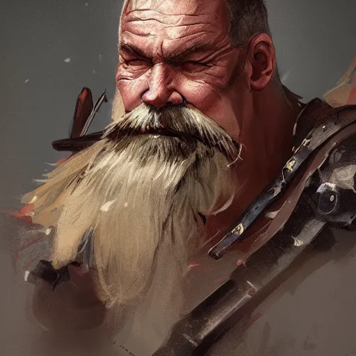 Prompt: portrait cool old barbarian warrior with trucker mustache and short hair, 8 k, trending on art station, by tooth wu and greg rutkowski