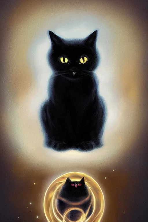 Prompt: evil black cat sitting next to a glowing doorway, by Anne Stokes, digital illustration, artstation, artstation hq, hd