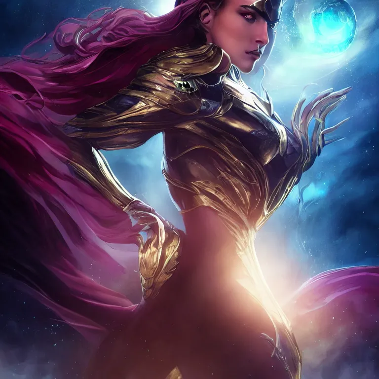 Image similar to beautiful cinematic fantasy poster, a beautiful woman in a superhero suit with a dramatic pose, beautiful glowing galaxy eyes, wideshot ultrawide angle epic scale, hybrid from The Elden Ring and art direction by Darius Zawadzki ;by artgerm; wayne reynolds art station; cinematic quality character render; low angle; ultra high quality model; production quality cinema model;