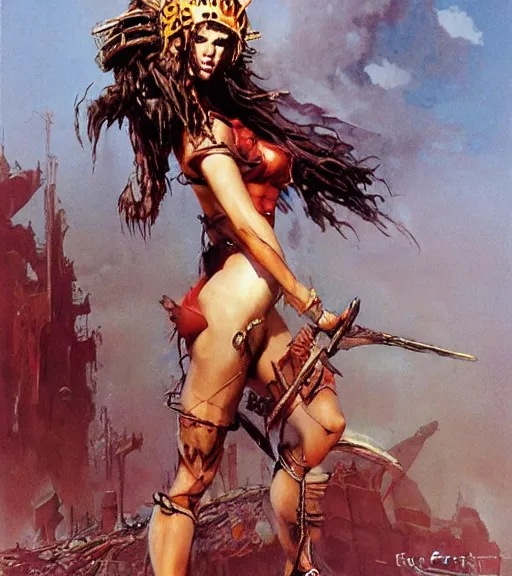 Image similar to mighty princess of the wasteland, scrap metal headdress, damaged building, strong line, deep color, cloudy sky, beautiful! coherent! by brom, by frank frazetta,