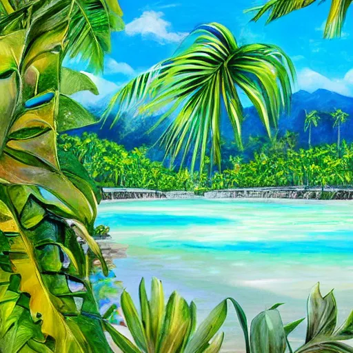 Image similar to an extremely beautiful ultra - realistic painting of a tropical island paradise with sunlight shining through vines, white sand, turquoise water, lagoons, warm, palm trees, exotic birds, peaceful, green forest, turtles, forgotten paradise, 4 k, award winning