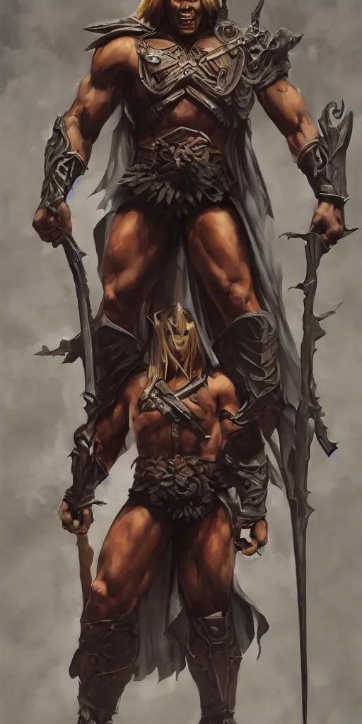 Image similar to one full body centered character pose of He-Man with a dark manner; He-Man looks like a dark, mysterious, shadowy, eerie, ominous character; atmospheric, cinematic, Epic, 4k, ultra-detailed, ultra-realistic, colored ZBrush render, art by artgerm and Greg Rutkowski and Alphonse Mucha