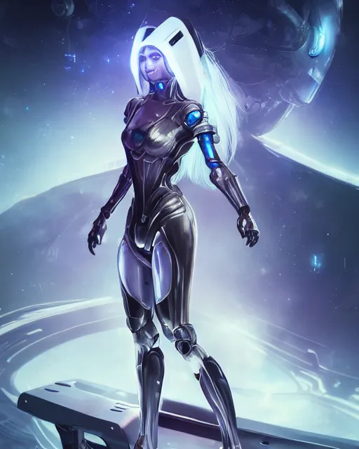 Image similar to perfect android girl on a mothership, warframe armor, beautiful face, scifi, futuristic, galaxy, nebula, bae suzy, dreamy, long white hair, blue cyborg eyes, sharp focus, cinematic lighting, highly detailed, artstation, divine, by gauthier leblanc, kazuya takahashi, huifeng huang