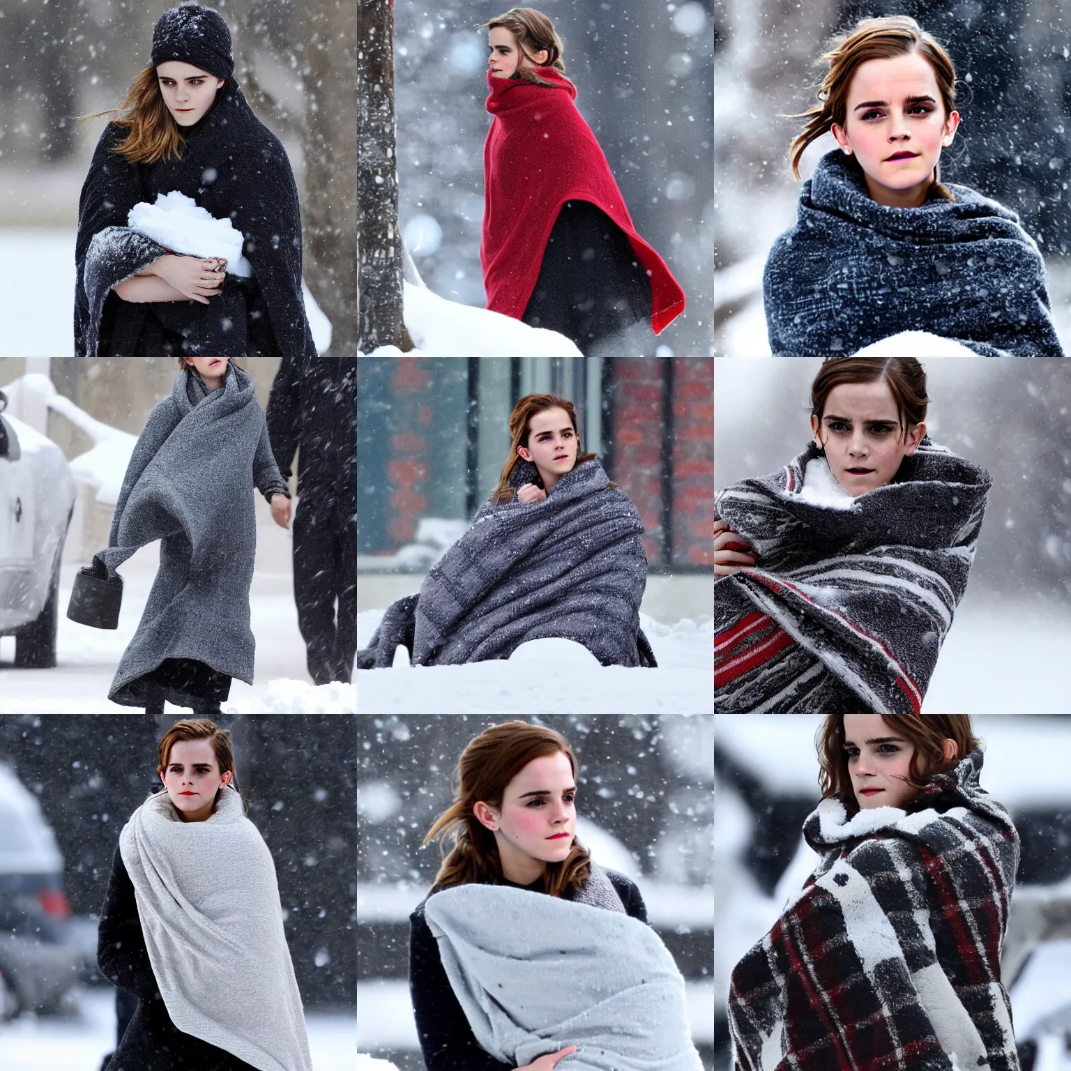 Prompt: billboard : cold emma watson clutching blanky in snow