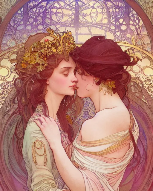 Prompt: the embrace | highly detailed | very intricate | art nouveau | gold filigree | romantic storybook fantasy | soft cinematic lighting | award - winning | disney concept art watercolor illustration by mandy jurgens and alphonse mucha and alena aenami | pastel color palette | featured on artstation