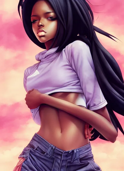 Image similar to beautiful hip hop young black woman, model pose, confident, manga style, scenery wallpaper aesthetic, pastel colors, symmetrical face, cinematic, dramatic, super detailed and intricate, hyper realistic, 4 k render, by artgerm, by kyoung hwan kim, by ralph mcquarrie, by yoshiyuki tomino