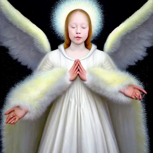 Prompt: highdetailed hyperrealistic painting of white angel!!! no gender!!!, giant ball of miracle light from the chest!!!!!, everywhere, 4 k hd fur face!!!, in the hood, big wings, by jan van eyck, holography space, white sparkles, glow effect, large strokes, white monochrome color!!!!!