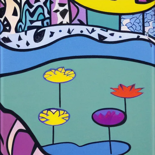 Image similar to intuitive tonalism by alice rahon, by romero britto. a peaceful installation art that shows a pond with water lilies floating on the surface. the colors are soft & calming, & the overall effect is one of serenity & relaxation.