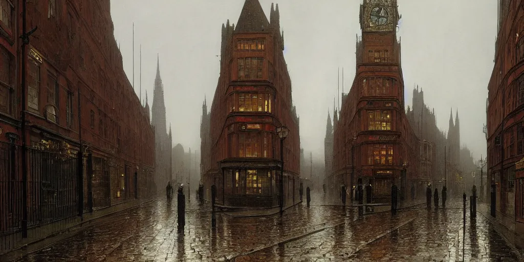 Image similar to Victorian city street on a rainy day in London, evening, low angle view, detailed matte painting, cinematic, John Atkinson Grimshaw, Artstation