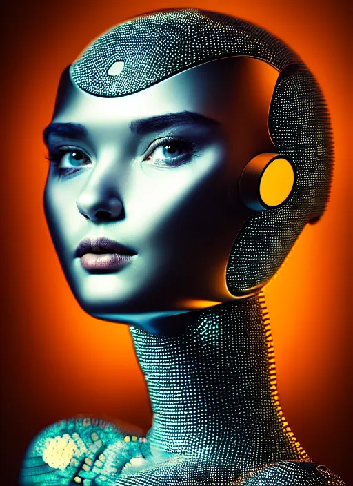 Image similar to a beautiful young female futuristic robot profile face photo, daguerrotype, closeup - view, f / 2. 8, low contrast, 1 6 k, beautiful lighting, reflective, insanely detailed and intricate, hypermaximalist, elegant, ornate, hyper realistic, super detailed, surreal dreamy poetic
