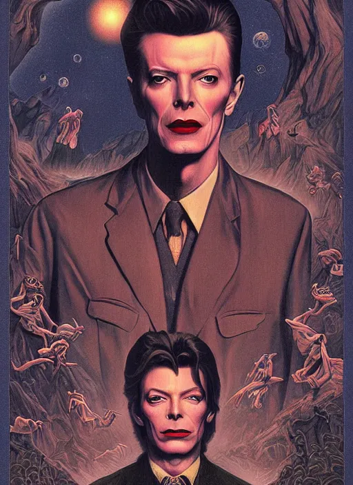 Prompt: twin peaks poster art, david bowie floating through the twilight zone, old retro pulp, by michael whelan, rossetti bouguereau, artgerm, nostalgic, old fashioned