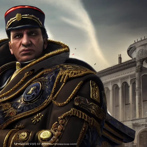 Image similar to muammar kadhafi as emperor napoleon in gears of war, splash art, movie still, detailed face, cinematic lighting, dramatic, octane render, long lens, shallow depth of field, bokeh, anamorphic lens flare, 8 k, hyper detailed, 3 5 mm film grain