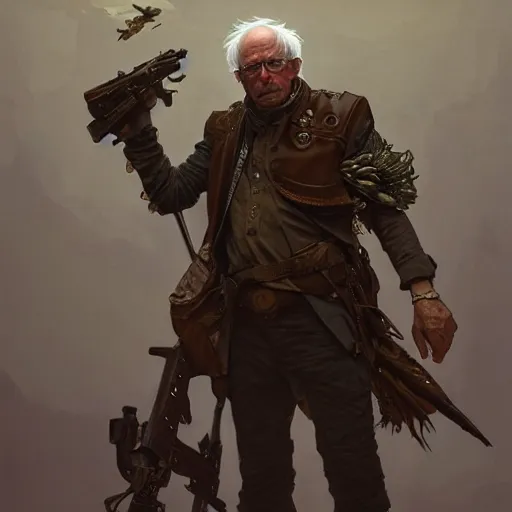 Image similar to post apocalyptic bernie sanders, fantasy, d & d, intricate, detailed, by by alphonse mucha, adolfo hohenstein, alice russell glenny, stanley artgerm lau, greg rutkowski, detailed, trending on artstation, trending on artstation, smooth