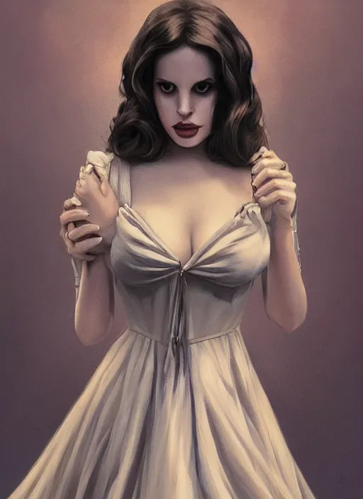 Image similar to lana del rey as a heroine with a dress inspired by american horror story, holding her chest, large bosum, digital painting, artstation, concept art, smooth, sharp focus, illustration, in - frame, centered, art by artgerm and donato giancola and joseph christian leyendecker, ross tran, wlop