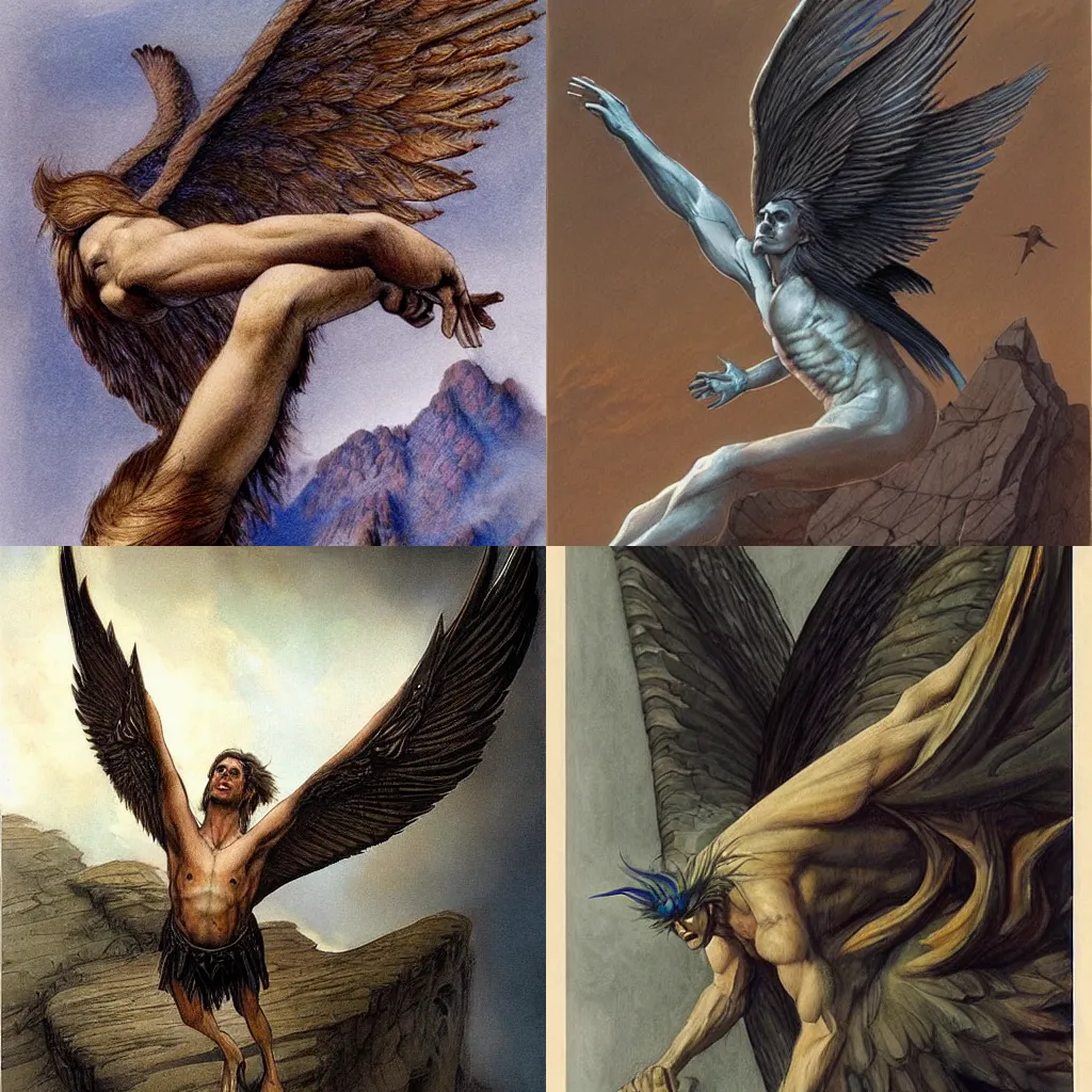 Prompt: a mythical male harpy with wings instead of arms, the wings outstretched and on display by John Howe