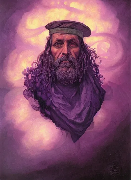 Image similar to portrait of grizzled sailor on sea of purple flame, coherent! by brom, deep color, strong line, high contrast