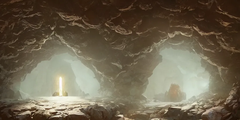 Image similar to a stone portal glowing from within, in a cave, foggy, surrounded by rocks, art by greg rutkowski