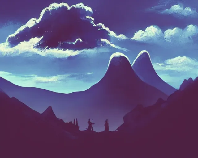 Image similar to A silhouette figure of a man with a guitar obscured by clouds that look like mountains high in the sky, the clouds are a deep blue purple color with the sun blazing behind the clouds, deep focus, D&D, fantasy, intricate, elegant, highly detailed, digital painting, artstation, concept art, matte, sharp focus, illustration, hearthstone, art by Artgerm and Greg Rutkowski and Alphonse Mucha