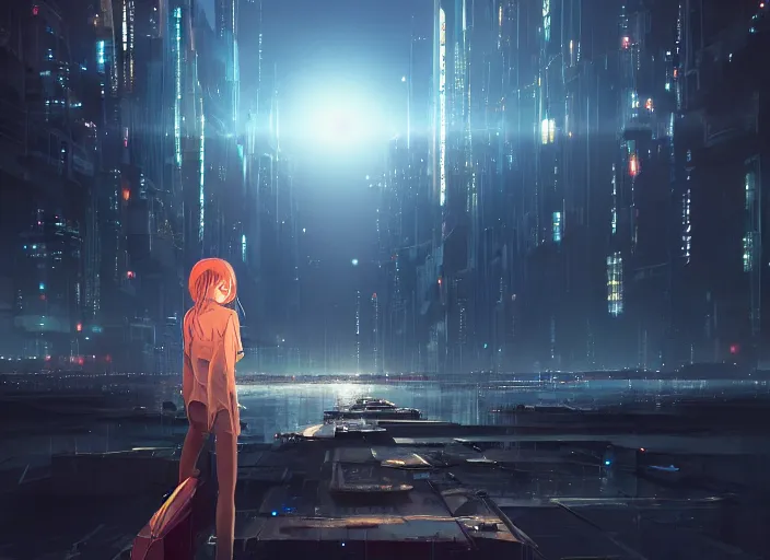 Image similar to girl staring at a meteorite hitting a floating cyberpunk city at night by wlop, key visual, high detail, digital art