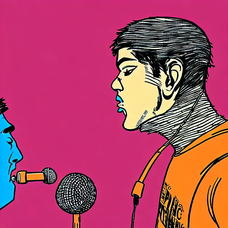 Image similar to rapping into microphone, epic angle, profile view, illustrated by Victor Moscoso