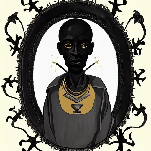 Prompt: a professionally full body painted portrait of Father Divine , clothed in ancient battle armor, dark skin, dark hair, beautiful bone structure, symmetrical facial features, stunningly beautiful, intricate, elegant, digital painting, smooth, sharp focus, illustration, from Kara Walker