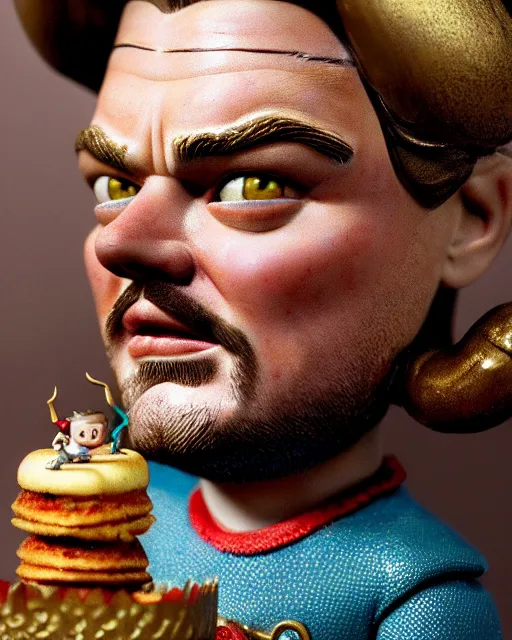 Image similar to highly detailed closeup, face profile portrait of a tin toy leonardo dicaprio as a medieval demon with horns eating cakes in a castle, hyper realistic, artstation, illustration, nicoletta ceccoli, mark ryden, lostfish, dan decarlo, bob clampett, max fleischer, digital paint, matte paint, vivid colors, detailed and intricate environment