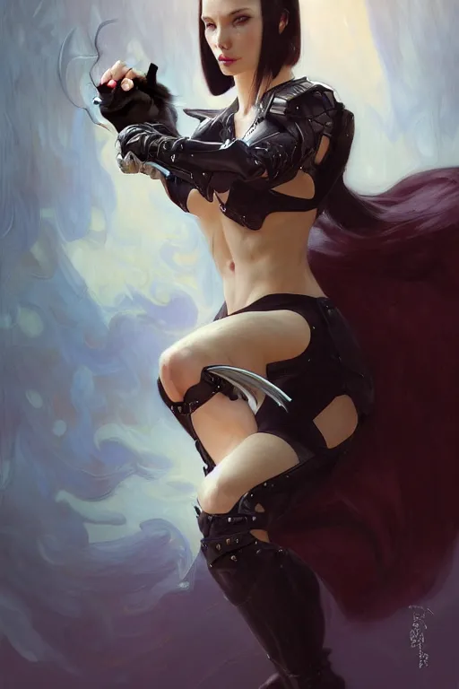 Prompt: > professional portrait of female an cat woman assassin in a dynamic pose , armor elements , long hair, beautiful bone structure, symmetrical facial features, intricate, elegant, digital painting, concept art, smooth, sharp focus, illustration, by Ruan Jia and Mandy Jurgens , and mucha, and Artgerm and William-Adolphe Bouguerea