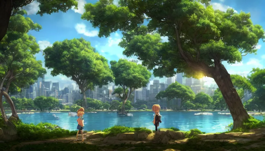 Prompt: bonifacio global city with a blue lake, beautiful ancient trees, hiding large treasure chest, serene evening atmosphere, soft lens, soft light, cel - shading, animation, in the style of cgsociety, deviantart, artstation, zbrush, cinema 4 d, studio ghibli, akihiko yoshida, atelier lulua, masamune shirow