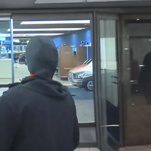 Prompt: cctv footage of four robbers at a bank wearing payday 2 masks, film grain