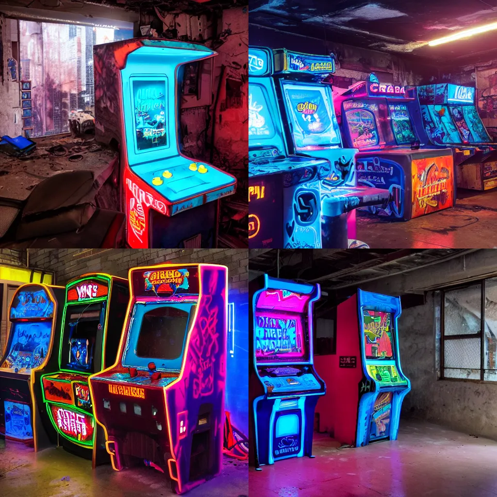 Prompt: an arcade cab from 1984 running a game in a dilapidated cyberpunk warehouse in a crumbling building dangling by the power cord on the edge of a cliff overlooking the ocean, Neon lighting, volumetric lighting, dimly lit, reflective surfaces