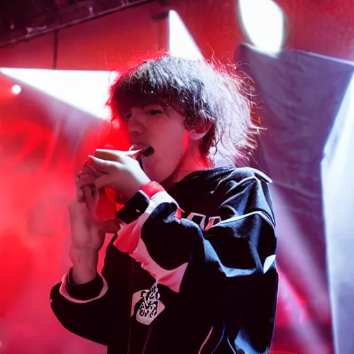 Image similar to bladee eating kfc chicken on stage at the drain gang concert