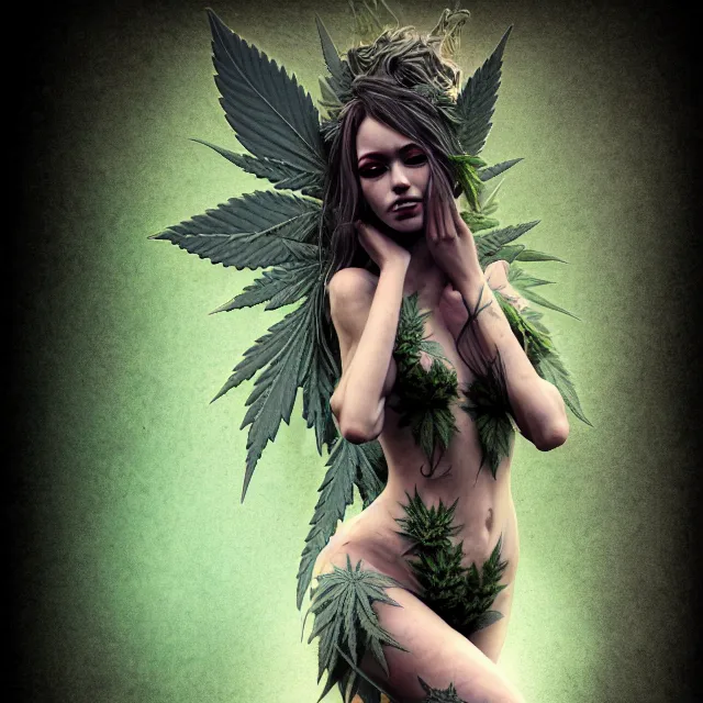 Prompt: full body pose, beautiful adult marijuana fairy, grungy, grunge, highly detailed, 4 k, hdr, smooth, sharp focus, high resolution, award - winning photo, artgerm, photorealistic