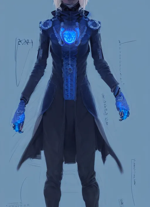 Image similar to full body portrait of blue witch within a techwear. cynical face, concept art, character illustrations, intricate, highly detailed 8 k, smooth, sharp focus, beautiful and aesthetic shape of face and body, artgerm, artstation, art by zexi guo and nira and junpei suzuki and gharliera and rinotuna