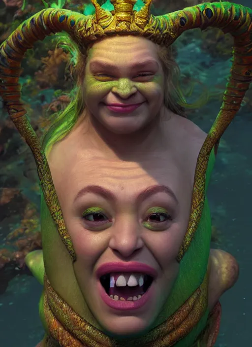 Prompt: underwater portrait of shrek as the naga queen, naturel, hyper detailed, digital art, trending in artstation, cinematic lighting, studio quality, smooth render, unreal engine 5 rendered, octane rendered, art style by klimt and nixeu and ian sprigger and wlop and krenz cushart.