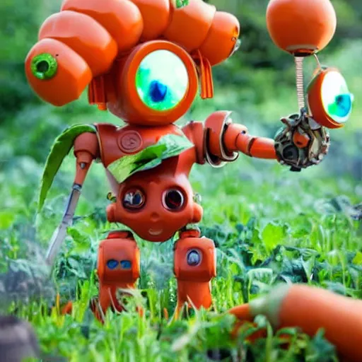 Image similar to robot made of vegetables with tomato head and a carrot sword, made in abyss style