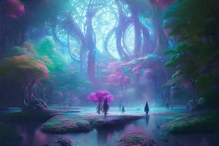 Image similar to a psychedelic realm hidden away in a pocket of ethereal understanding astral beings sharing love greg rutkowski wlop lisa frank bob ross ruan jia illustration