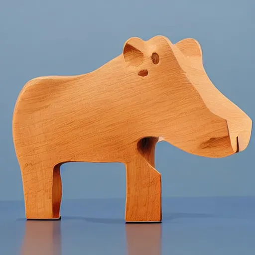 Image similar to a zoomed out studio product shot of a minimalist carved hippopotamus, made from cherry wood and blue resin, in profile, like a catalog photograph, mostly wood, with a smooth featureless minimalist look